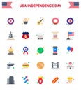 USA Independence Day Flat Set of 25 USA Pictograms of launcher; star; music; police; food