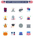 USA Independence Day Flat Set of 16 USA Pictograms of award; american; big gun; fly; bloon