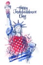 USA Independence Day poster print. Statue of liberty on american watercolor flag backgorund. Vector sketch illustration Royalty Free Stock Photo
