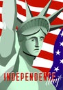 USA Independence day poster. Statue of Liberty monument, flag USA on background and text. Vector illustration. Royalty Free Stock Photo