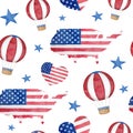 USA Independence Day seamless pattern. Hand drawn watercolor map with American flag, hot air balloon, heart with stars Royalty Free Stock Photo