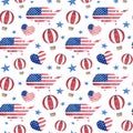 USA Independence Day seamless pattern. Hand drawn watercolor map with American flag, hot air balloon, heart with stars Royalty Free Stock Photo