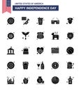 USA Independence Day Solid Glyph Set of 25 USA Pictograms of american; officer; drink; man; imerican