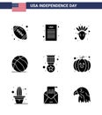 USA Independence Day Solid Glyph Set of 9 USA Pictograms of military; badge; native american; award; american