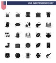 USA Independence Day Solid Glyph Set of 25 USA Pictograms of usa; fastfood; usa; frise; parade