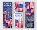 USA Independence day. Three vertical banners with waving American national flags and fireworks. 4th of July poster templates Royalty Free Stock Photo