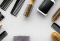 hairdresser tools in beauty salon on white background.