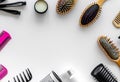 hairdresser tools in beauty salon on white background.