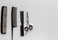 hairdresser tools in beauty salon on white background.