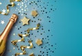 celebratory background adorned with a golden champagne bottle, Perfect for Christmas, birthdays, or weddings. Royalty Free Stock Photo