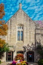 Indiana Memorial Union with owl on top and bookstore and owl on campus of Indiana University in the fall with Royalty Free Stock Photo