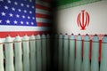 USA And Iran Military Conflict. Many Missiles In Front Of American And Iran Flags.