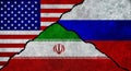 USA, Iran and Russia flag together on a textured wall Royalty Free Stock Photo