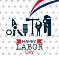 USA Labor Day poster design. USA Labor Day celebration with an American flag, Safety hard hat, and Construction tools. Advertising Royalty Free Stock Photo