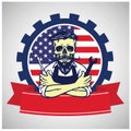 USA Labor Day Skull Worker Logo with United States National Flag Background Vector illustration Retro Design