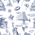 USA landmarks seamless pattern. Vector hand drawn sketch illustration. United States of America national symbols Royalty Free Stock Photo