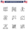9 USA Line Pack of Independence Day Signs and Symbols of baseball; declaration of independence; day; declaration; ice