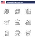 9 USA Line Pack of Independence Day Signs and Symbols of indiana; fireworks; landmark; festivity; washington Royalty Free Stock Photo