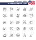 25 USA Line Pack Of Independence Day Signs And Symbols Of Sport; Hokey; Money; Day; Ball