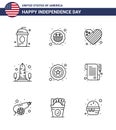 9 USA Line Pack of Independence Day Signs and Symbols of washington; sight; flag; monument; love Royalty Free Stock Photo