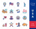 USA linear icons, Colorful infographics. American culture thin line icon set. USA flag, American presidents, Mount Royalty Free Stock Photo