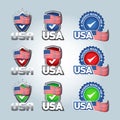 USA and made in the USA icons set. American made. Set of icons, stamps, seals, banners, labels, logos, badges.