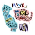 USA map cartoon vector art, doodle symbols Royalty Free Stock Photo