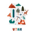 USA map collection. State symbols on gray state silhouette - Utah