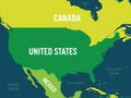 USA map - green hue colored on dark background. High detailed political map United States of America and neighboring