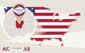 USA map with magnified Arkansas State. Arkansas flag and map Royalty Free Stock Photo