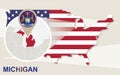 USA map with magnified Michigan State. Michigan flag and map Royalty Free Stock Photo