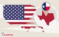 USA map with magnified Texas State. Texas flag and map Royalty Free Stock Photo