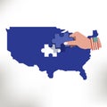 Usa map with missing jigsaw piece in hand - vector Royalty Free Stock Photo