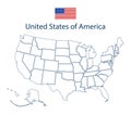 Usa map. Outline silhouette of united states of america. Simple line borders of us. Flat american map with california, hawaii,