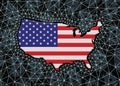 USA map silhouette on black background with digital blockchain grid and bitcoin signs. US digital currency concept