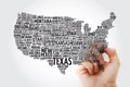 USA Map word cloud with marker, most important cities Royalty Free Stock Photo