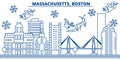 USA, Massachusetts , Boston winter city skyline. Merry Christmas and Happy New Year decorated banner. Winter greeting