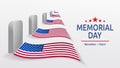 Usa memorial day card. Headstones with flags on a white background. Grave of american soldiers. Memory and honor