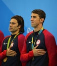 USA Men's 4x100m medley relay team Cory Miller (L) and Michael Phelps celebrate victory at the Rio 2016 Olympics