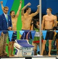 USA Men's 4x100m medley relay team Cory Miller (L), Michael Phelps and Ryan Murphy celebrate victory