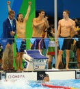 USA Men's 4x100m medley relay team Cory Miller (L), Michael Phelps and Ryan Murphy celebrate victory