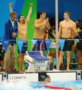 USA Men`s 4x100m medley relay team Cory Miller L, Michael Phelps, Ryan Murphy and Nathan Adrian in the pool celebrate victory