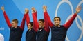 USA Men`s 4x100m medley relay team Ryan Murphy L, Cory Miller, Michael Phelps and Nathan Adrian celebrate victory