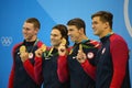 USA Men's 4x100m medley relay team Ryan Murphy (L), Cory Miller, Michael Phelps and Nathan Adrian