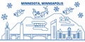 USA, Minnesota , Minneapolis winter city skyline. Merry Christmas and Happy New Year decorated banner. Winter greeting