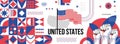 USA national or independence day banner for country celebration. Flag and map of United states with raised fists. Modern retro