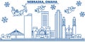 USA, Nebraska , Omaha winter city skyline. Merry Christmas and Happy New Year decorated banner. Winter greeting card