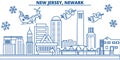 USA, New Jersey , Newark winter city skyline. Merry Christmas and Happy New Year decorated banner. Winter greeting card