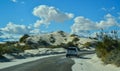 USA, NEW MEXICO - NOVEMBER 23, 2019: car rides the harms of sand dunes from gypsum to White Sands National Monument, New Mexico,