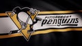 USA - NEW YORK, 12 August 2018: Waving flag with Pittsburgh Penguins NHL hockey team logo. Close-up of waving flag with Royalty Free Stock Photo